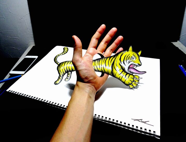 貫通アート「手のひらを貫通するトラ」